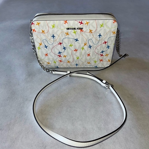 NWT White Michael Kors Jet Set Crossbody Bag Purse Airplane Print Authentic Rare - Picture 2 of 7